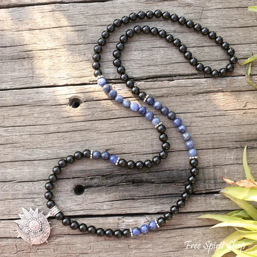 108 Natural Black Onyx & Sodalite Mala Beads With Sun & Moon Pendant