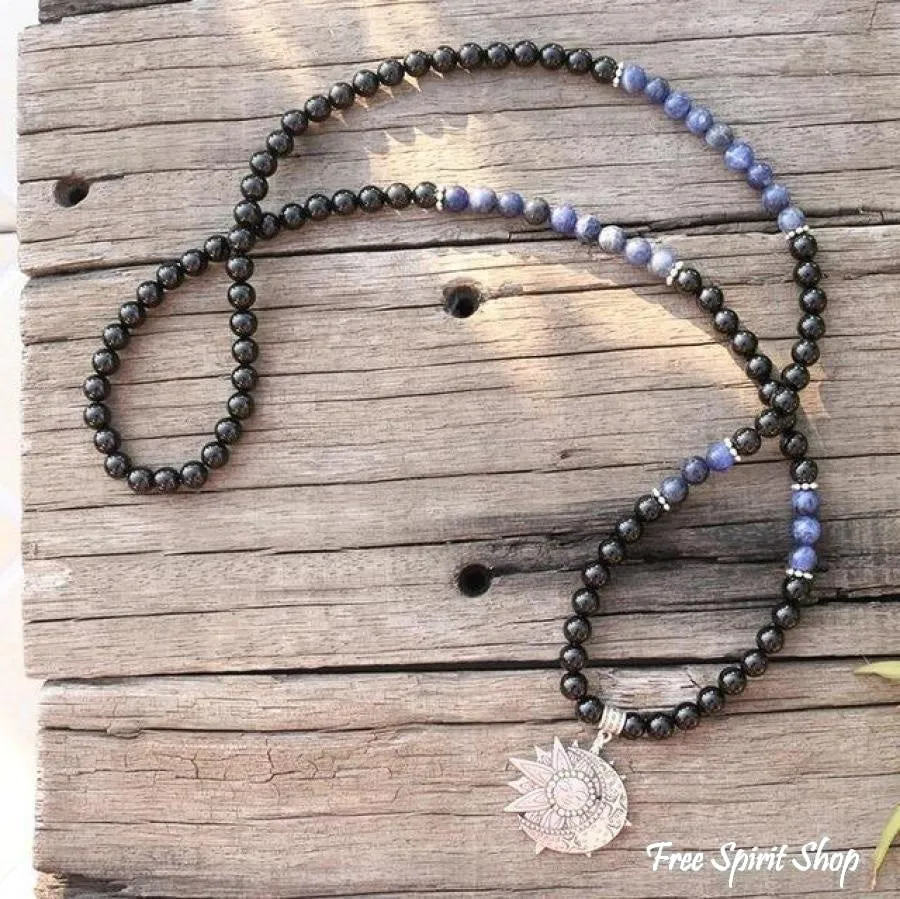 108 Natural Black Onyx & Sodalite Mala Beads With Sun & Moon Pendant