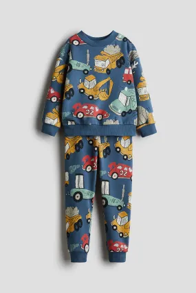 2-piece sweatshirt set - Regular waist - Long sleeve - Dusty blue/Vehicles - Kids | H&M GB