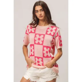 BiBi Flower Checker Pattern Short Sleeve Sweater