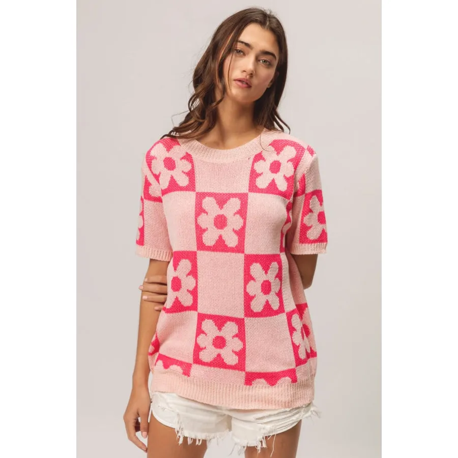 BiBi Flower Checker Pattern Short Sleeve Sweater