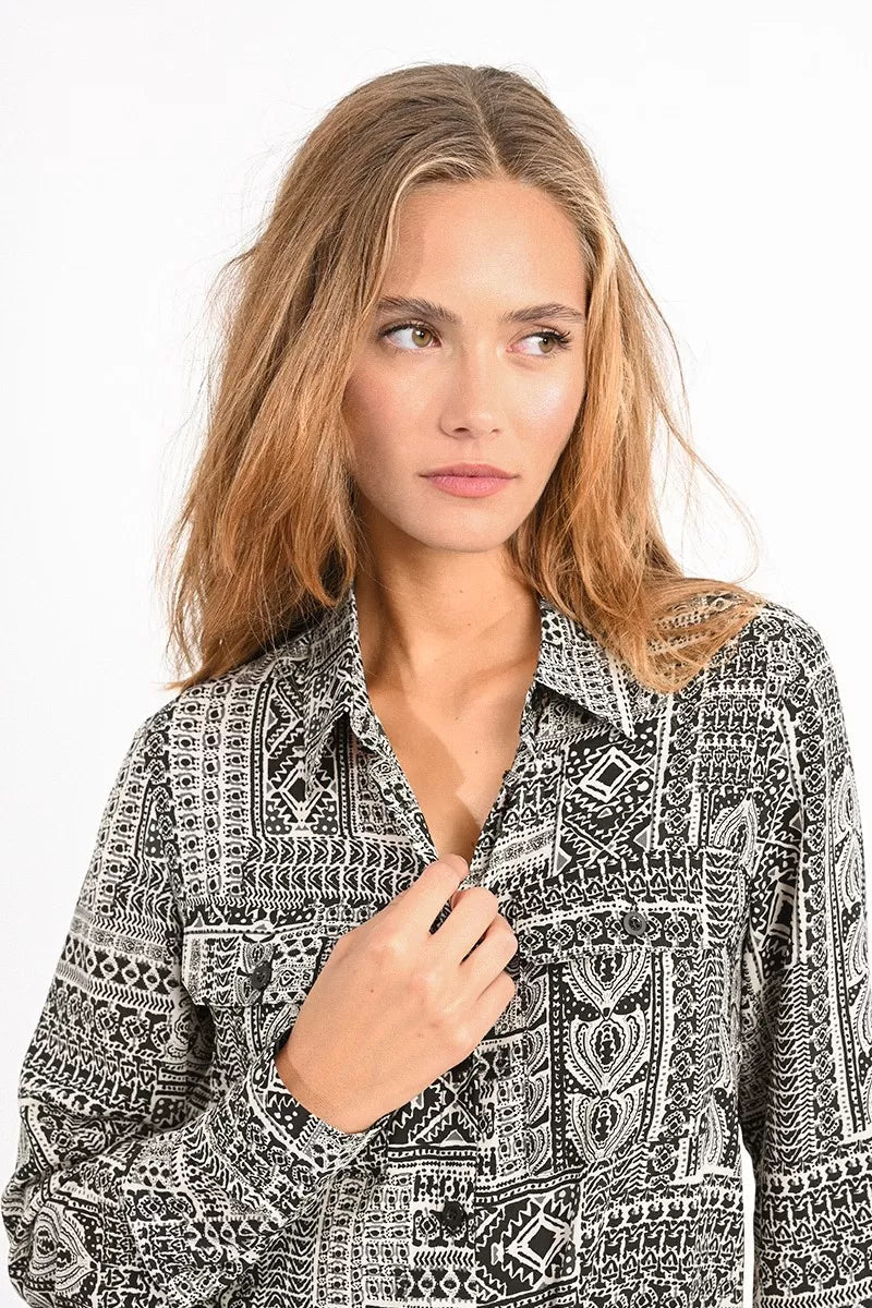 Black & Cream Aztec Button Up