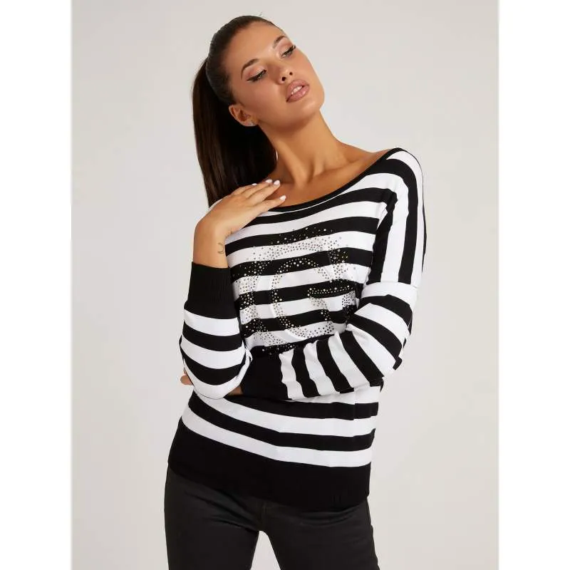 Black and white striped Sweater GUESS-UNAS1 Guess with discounts-Striped sweaters women 2021-Leeds