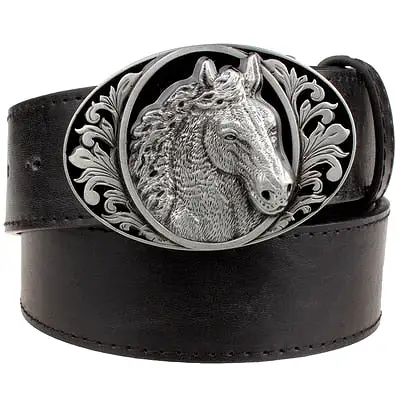 Black Leather belt horse pattern animal belts cowboy style men's jeans belt punk rock style accessories