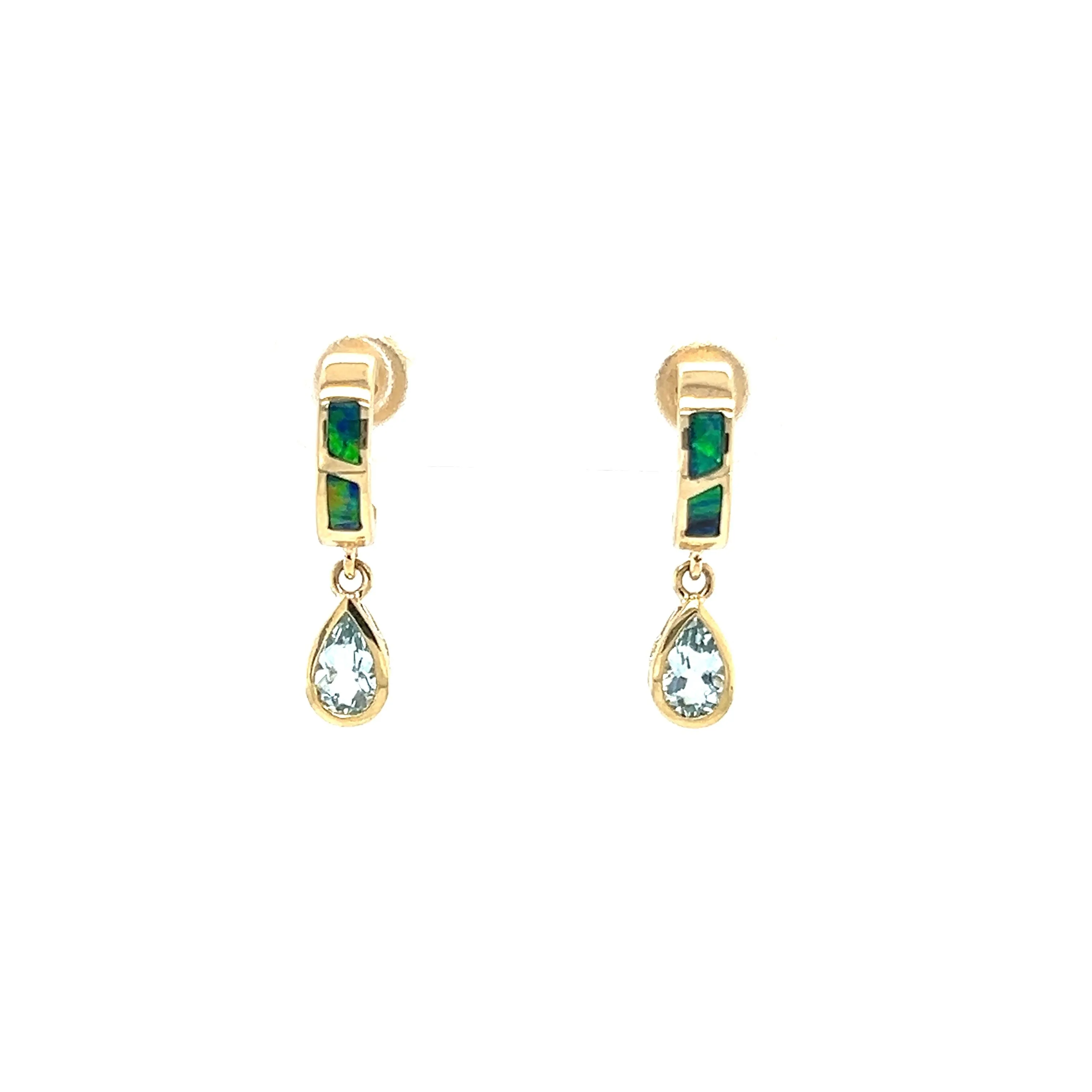 Black Opal C-Hoop Earrings with 0.51ctw of Aquamarine in 14K Yellow Gold