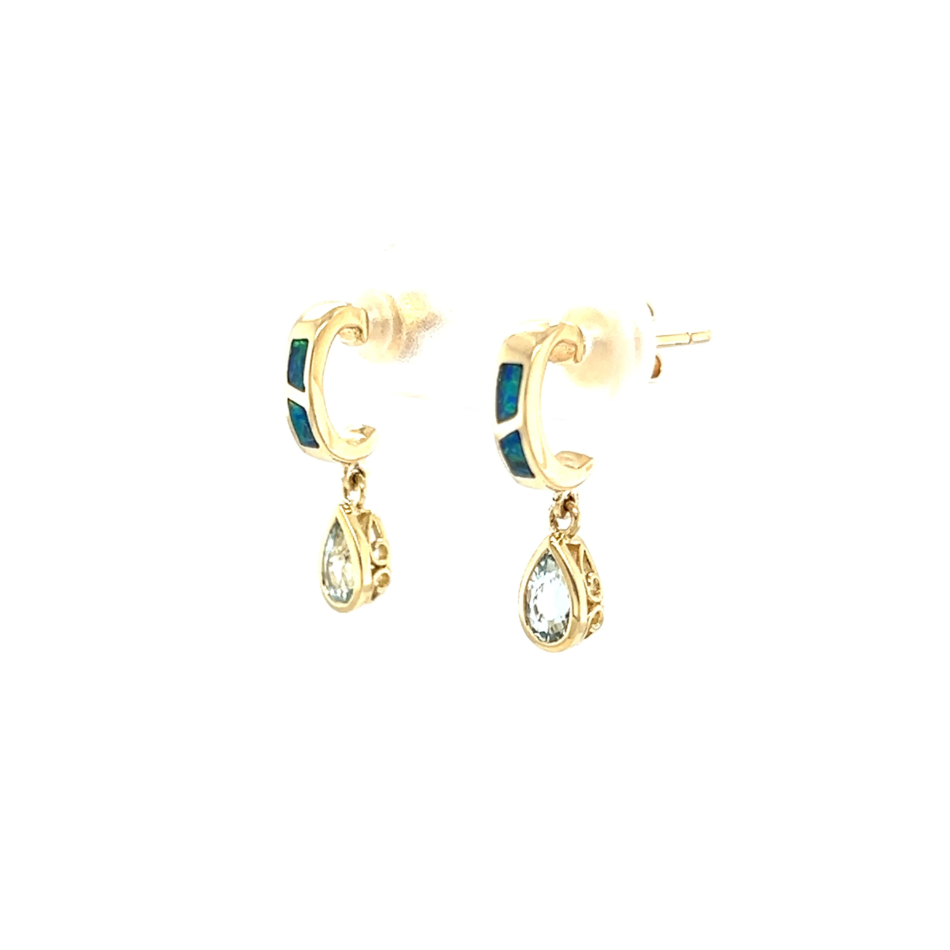 Black Opal C-Hoop Earrings with 0.51ctw of Aquamarine in 14K Yellow Gold