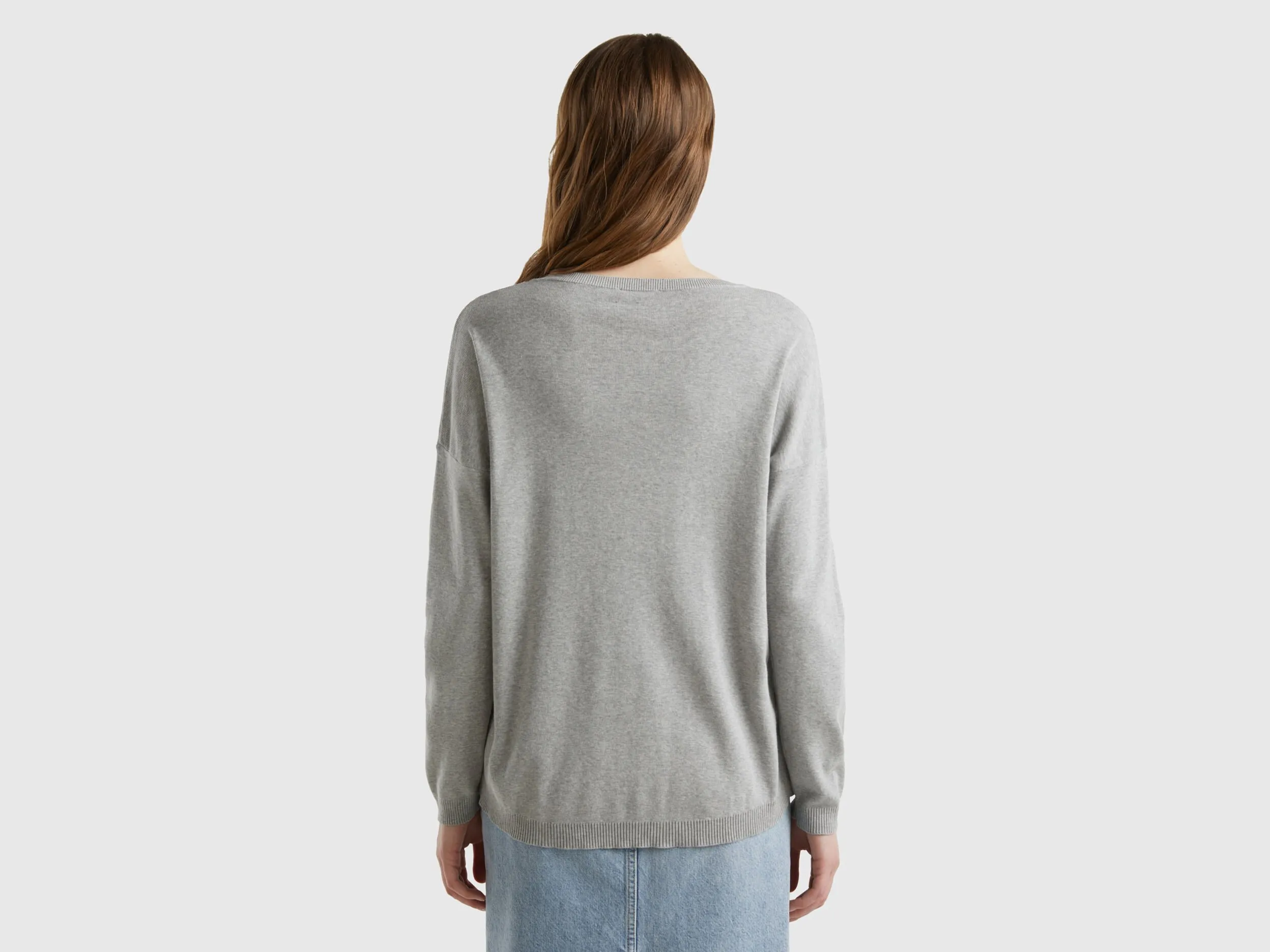 Cotton sweater with round neck - Light Gray | Benetton