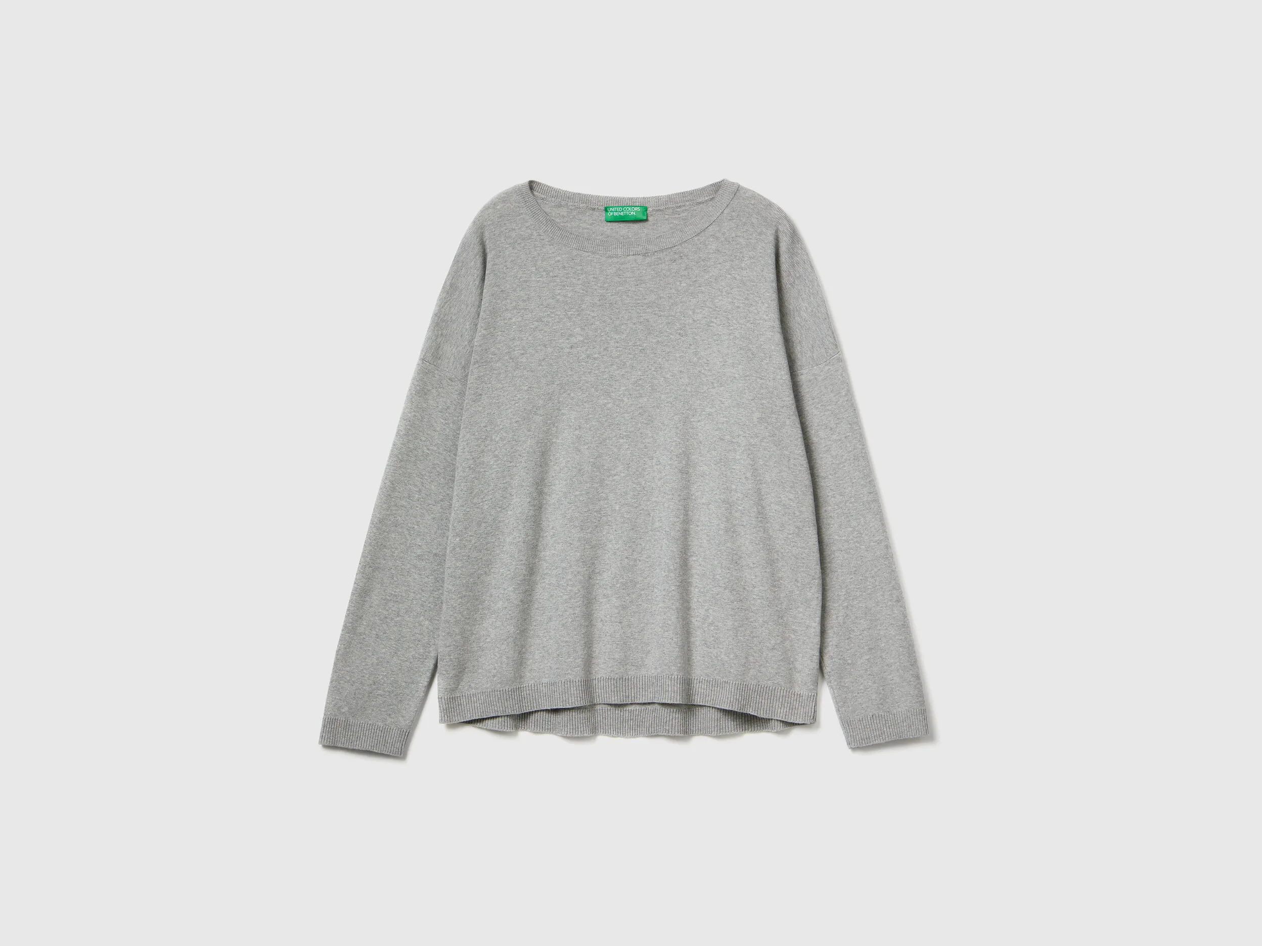 Cotton sweater with round neck - Light Gray | Benetton