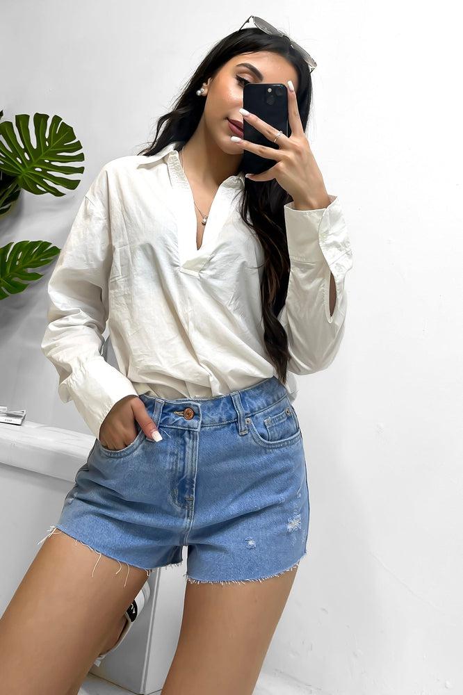 Distressed Light Blue Denim Shorts