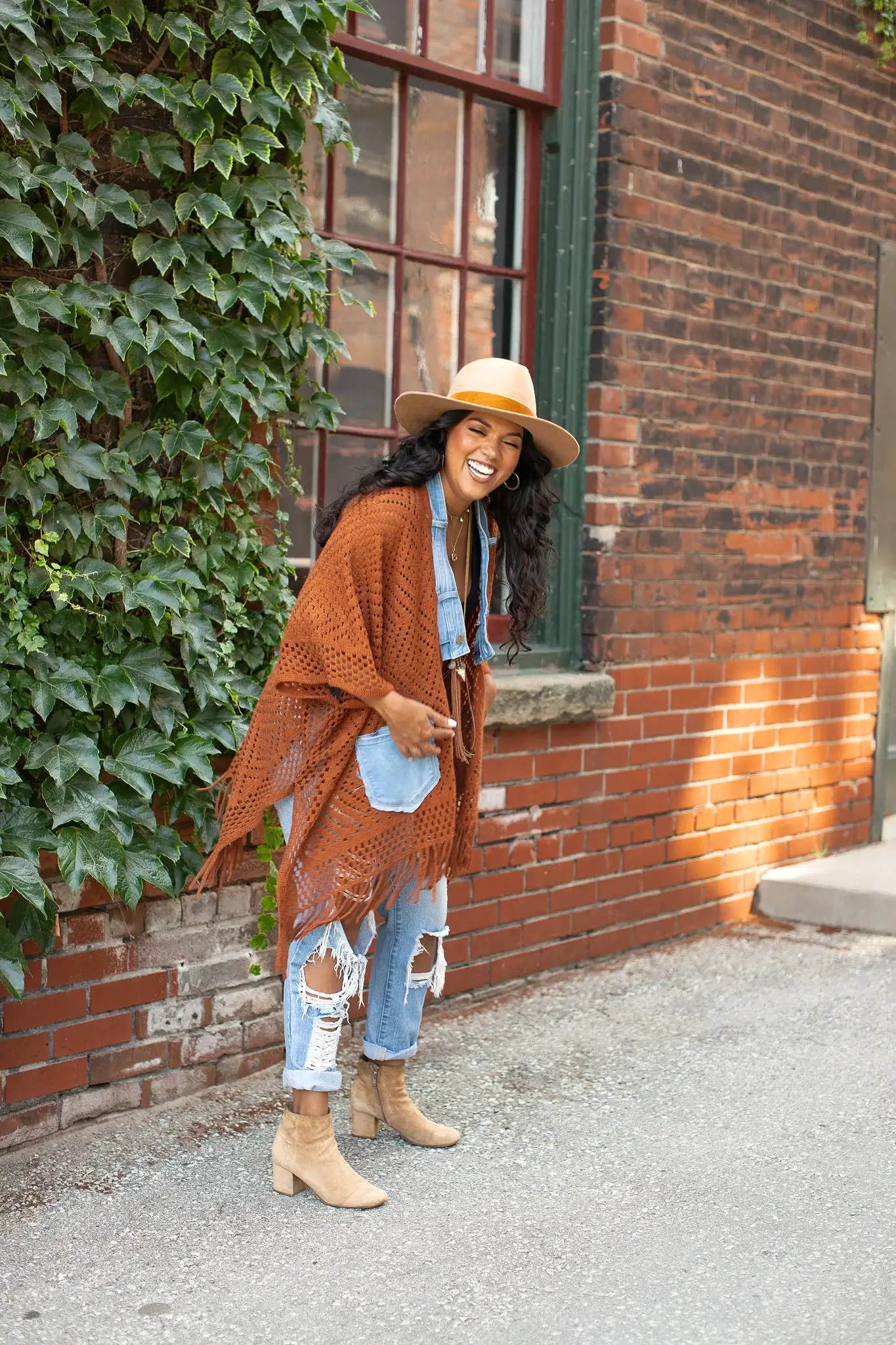 Dreamscape - Knit/Denim Duster - Rust w/ Light Denim