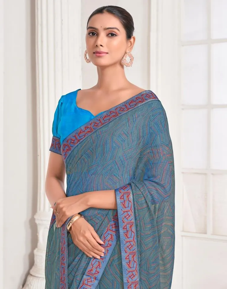 Dusty Blue Chiffon Printed Saree