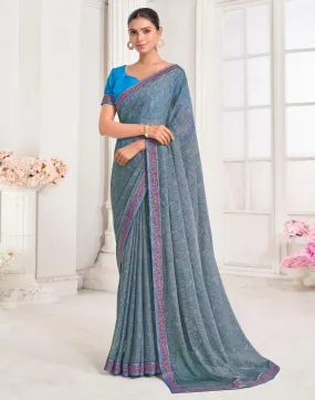 Dusty Blue Chiffon Printed Saree