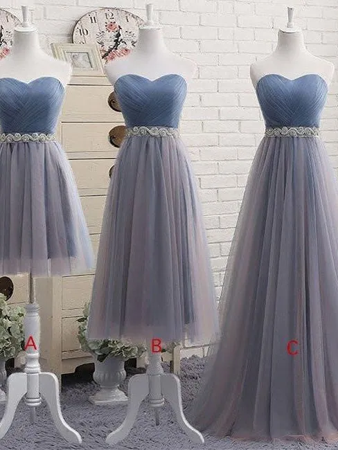 Dusty Blue Tulle Strapless Prom Dress in Different Length with Rinestones Belt