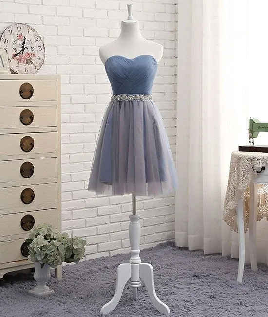 Dusty Blue Tulle Strapless Prom Dress in Different Length with Rinestones Belt