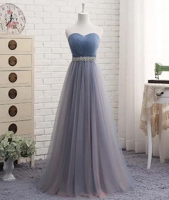 Dusty Blue Tulle Strapless Prom Dress in Different Length with Rinestones Belt