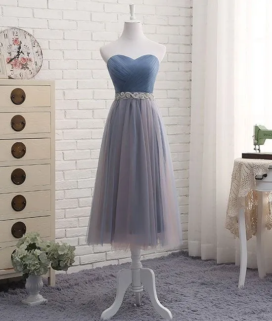 Dusty Blue Tulle Strapless Prom Dress in Different Length with Rinestones Belt