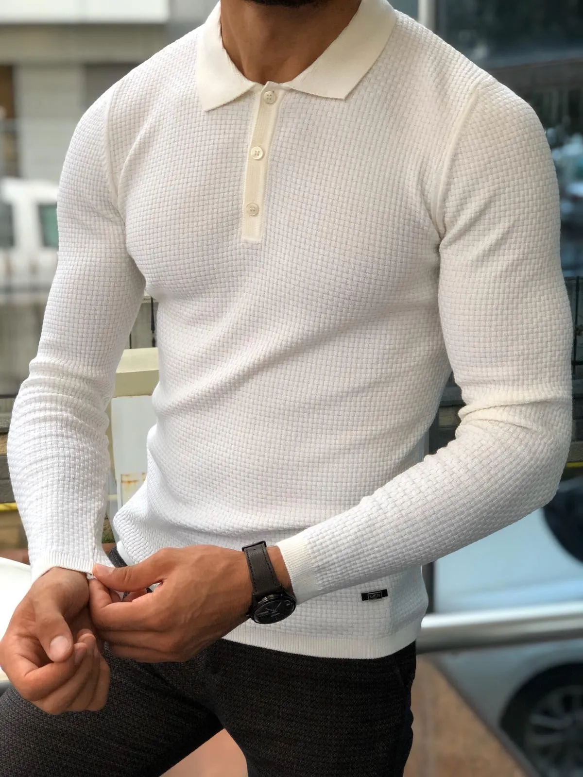 Fabros White Slim Fit Patterned Sweater