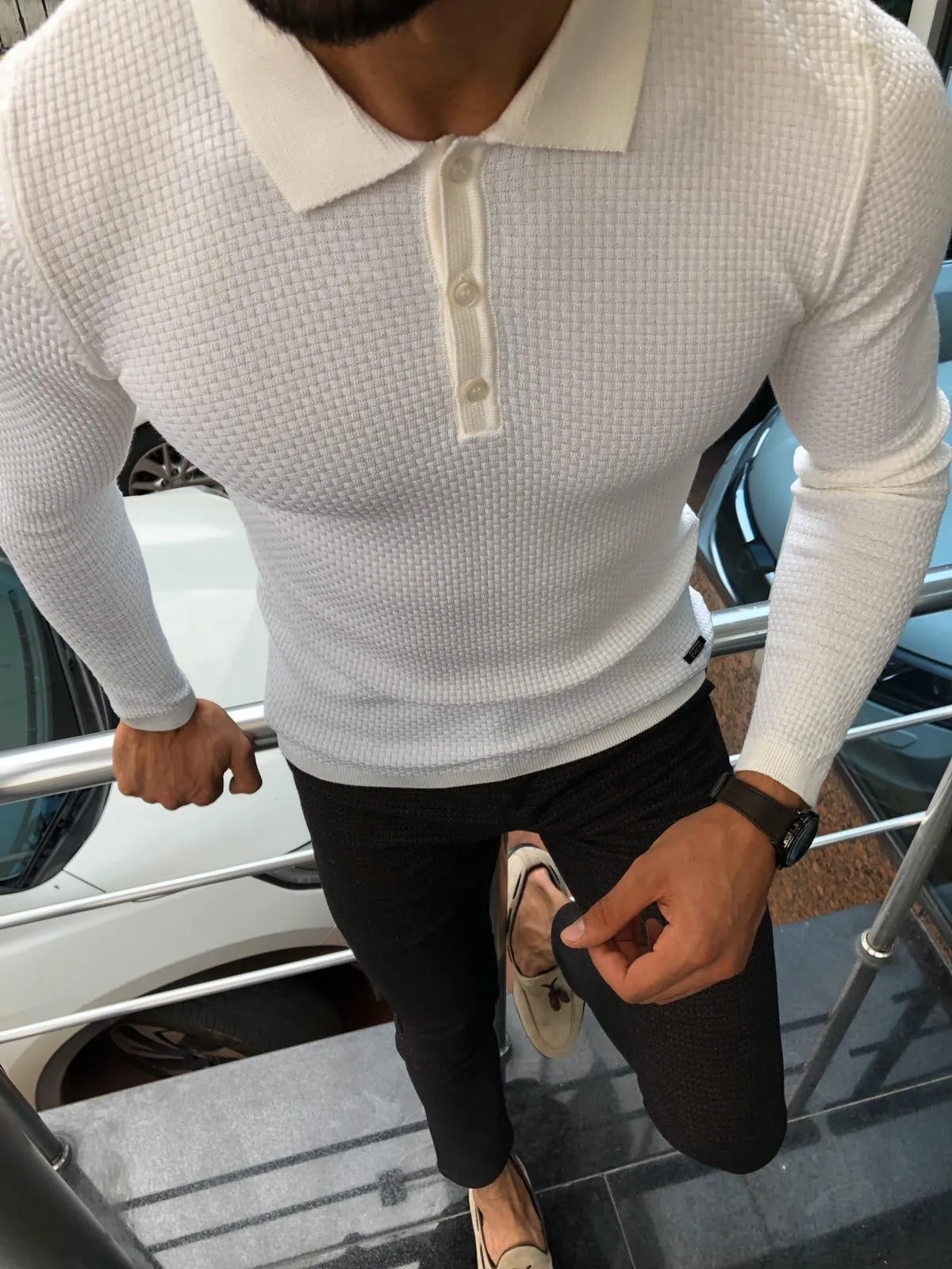 Fabros White Slim Fit Patterned Sweater