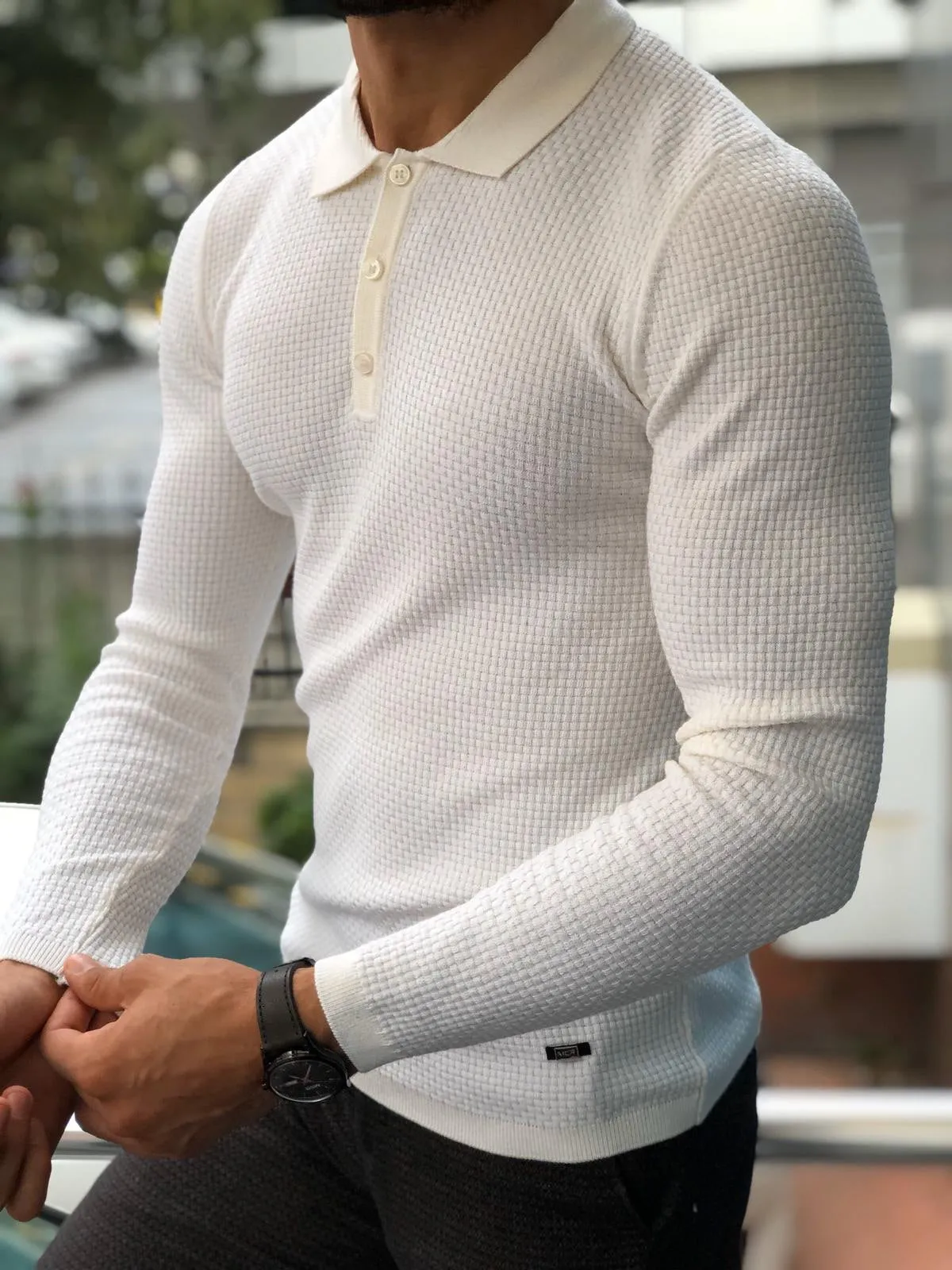 Fabros White Slim Fit Patterned Sweater