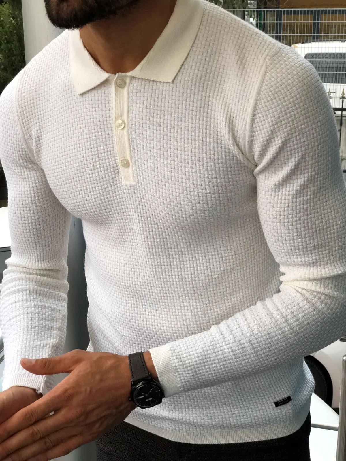 Fabros White Slim Fit Patterned Sweater