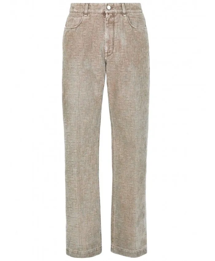 FENDI Men's Straight Leg Jeans with Button Detail in Nutmeg Color