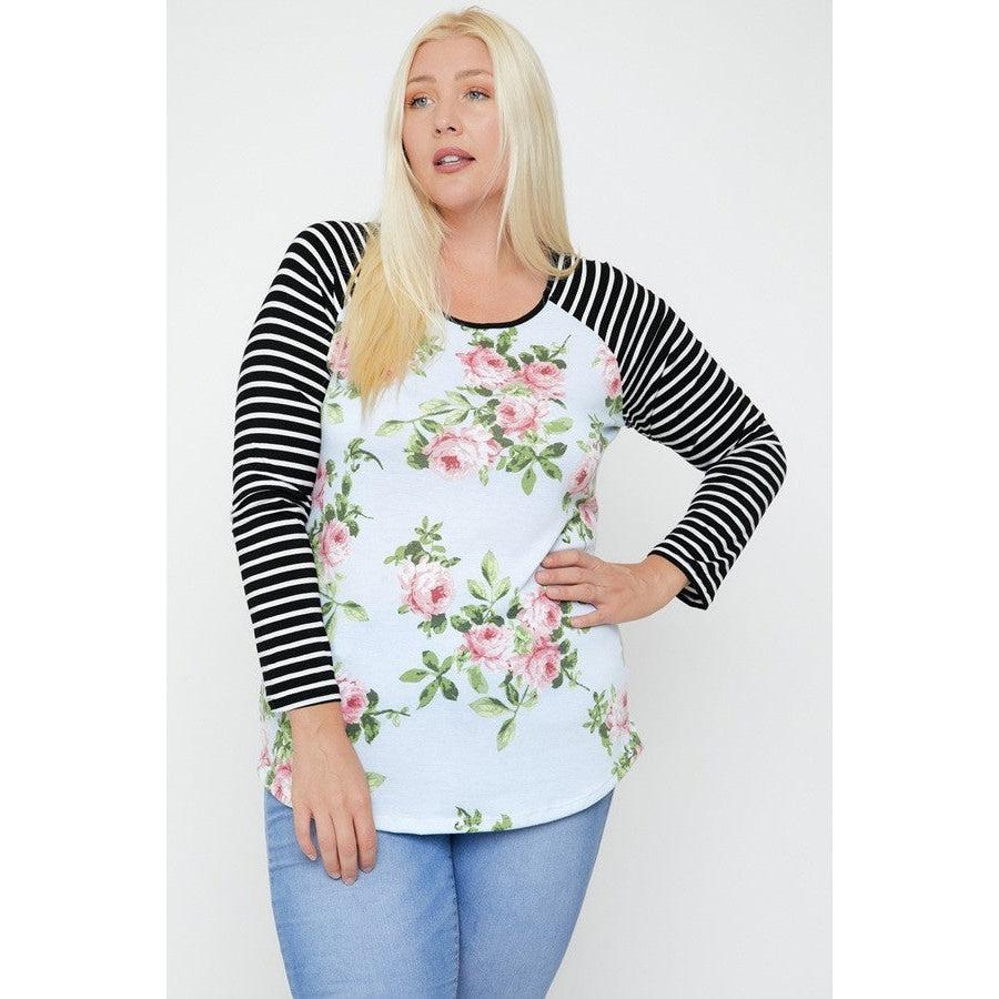 Floral Top Featuring Raglan Style Striped Sleeves And A Round Neck