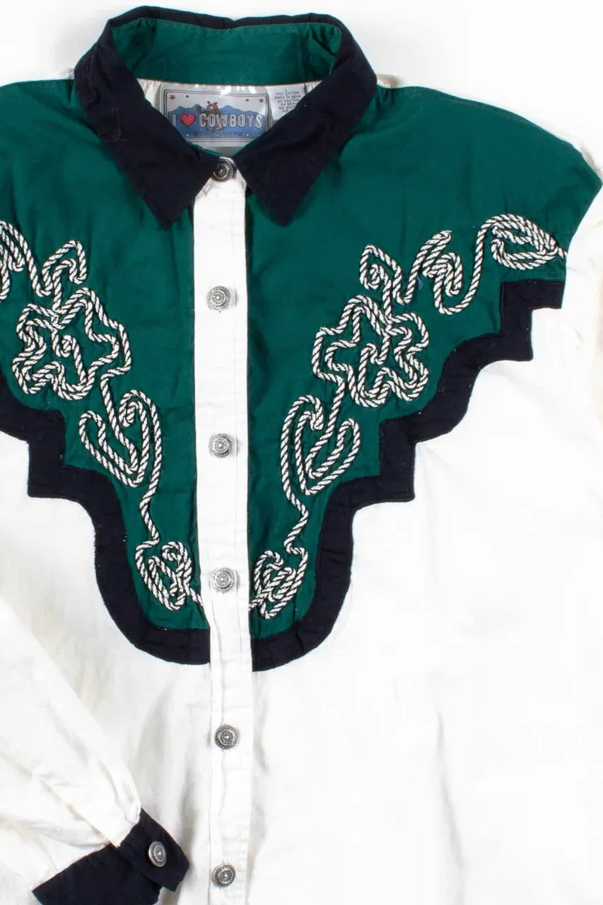 Green & White Rope Western Button Up Shirt