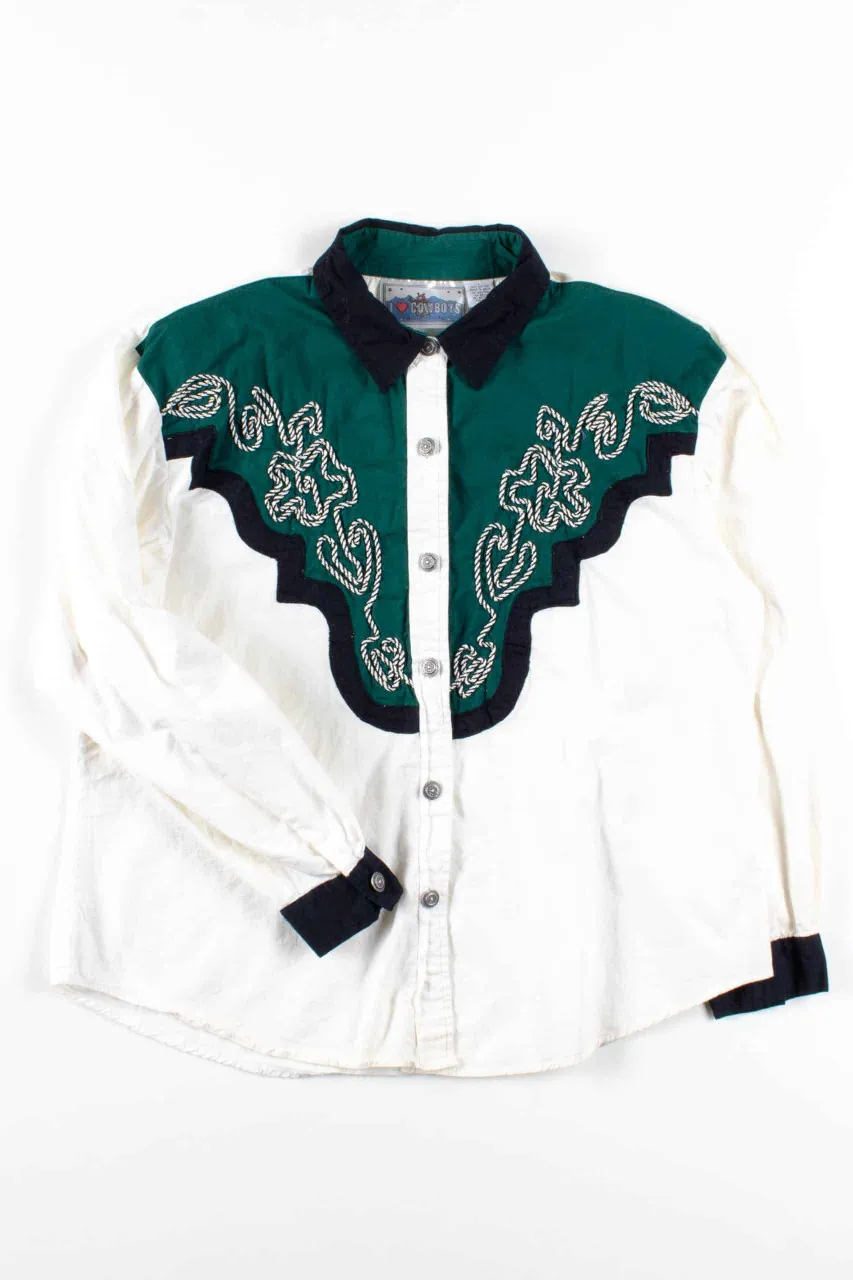 Green & White Rope Western Button Up Shirt