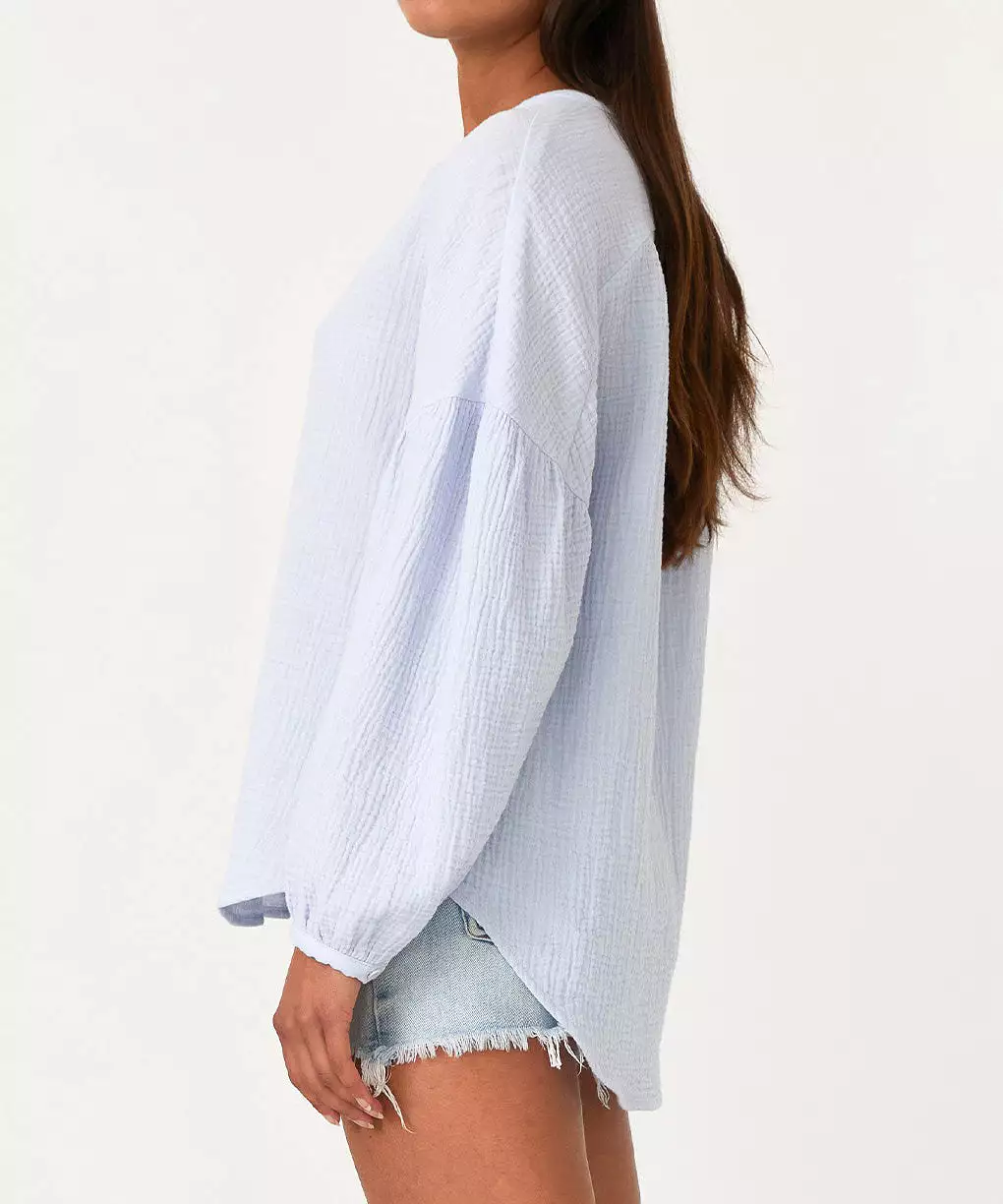 High-Low Button Down Blouse - Dusty Blue