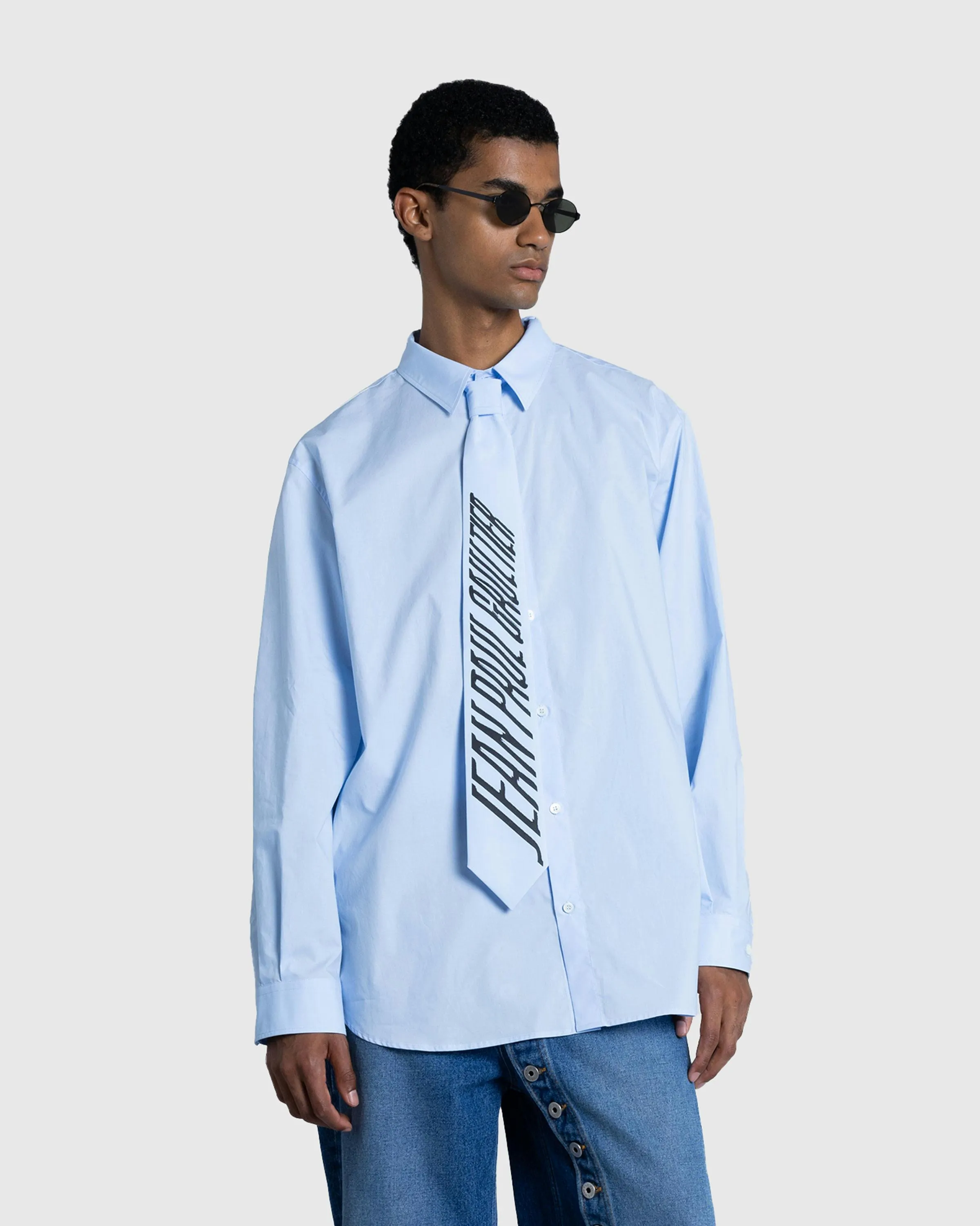 Jean Paul Gaultier – Cotton Poplin Shirt With Printed Tie Baby Blue/Black | Highsnobiety Shop