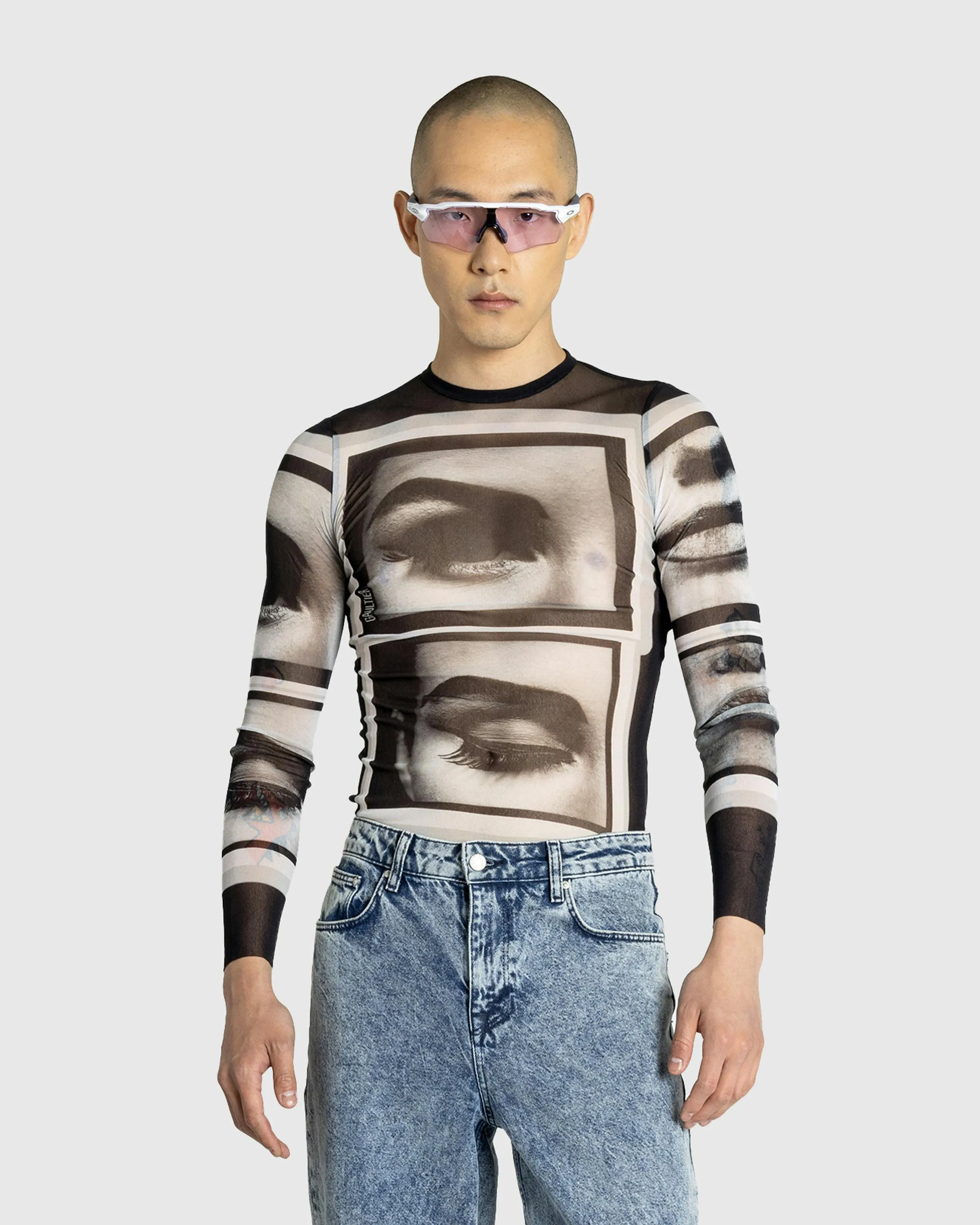 Jean Paul Gaultier – Mesh Long-Sleeve Top Printed "Eyes" And "Lips" Black/Grey/White | Highsnobiety Shop