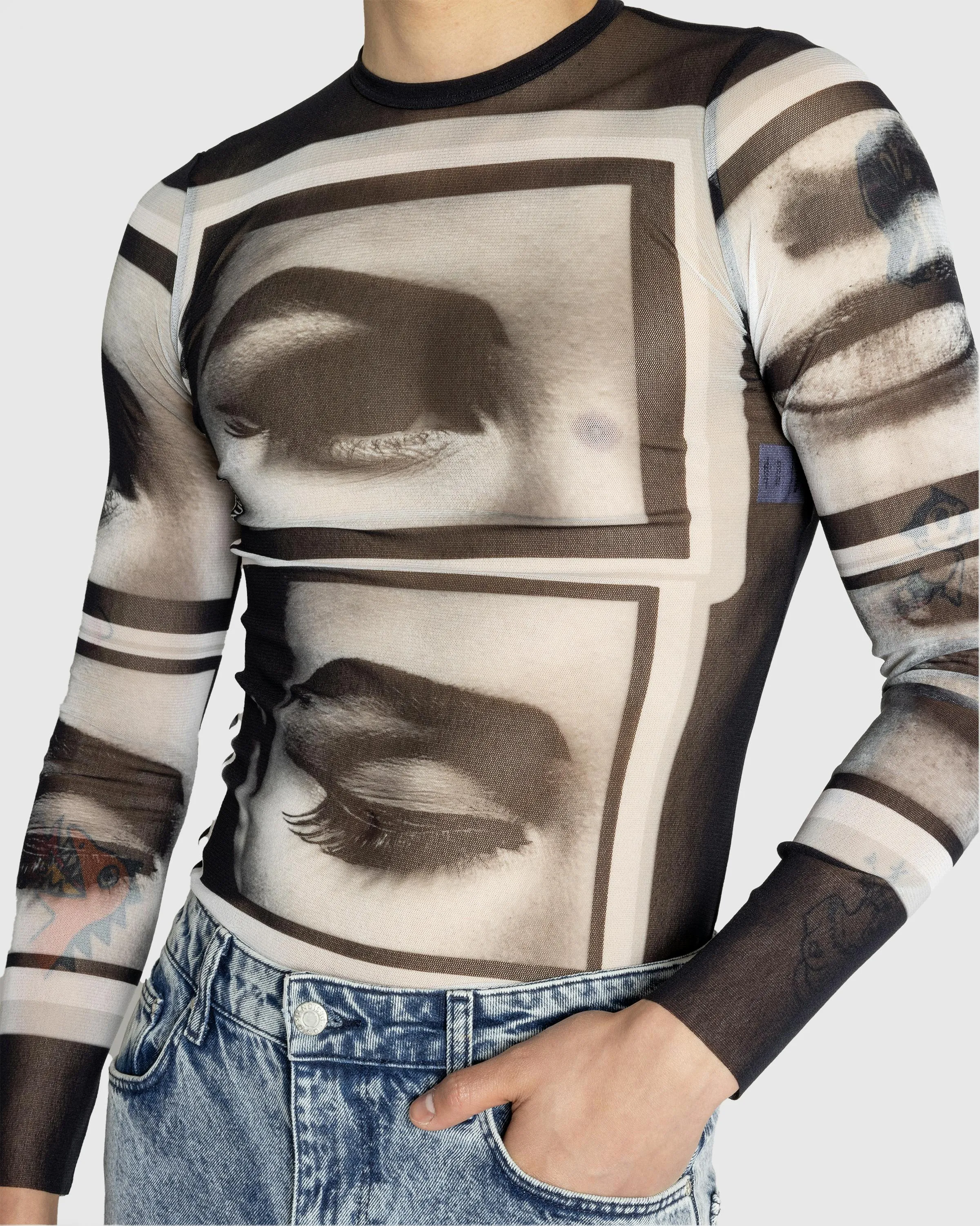 Jean Paul Gaultier – Mesh Long-Sleeve Top Printed "Eyes" And "Lips" Black/Grey/White | Highsnobiety Shop