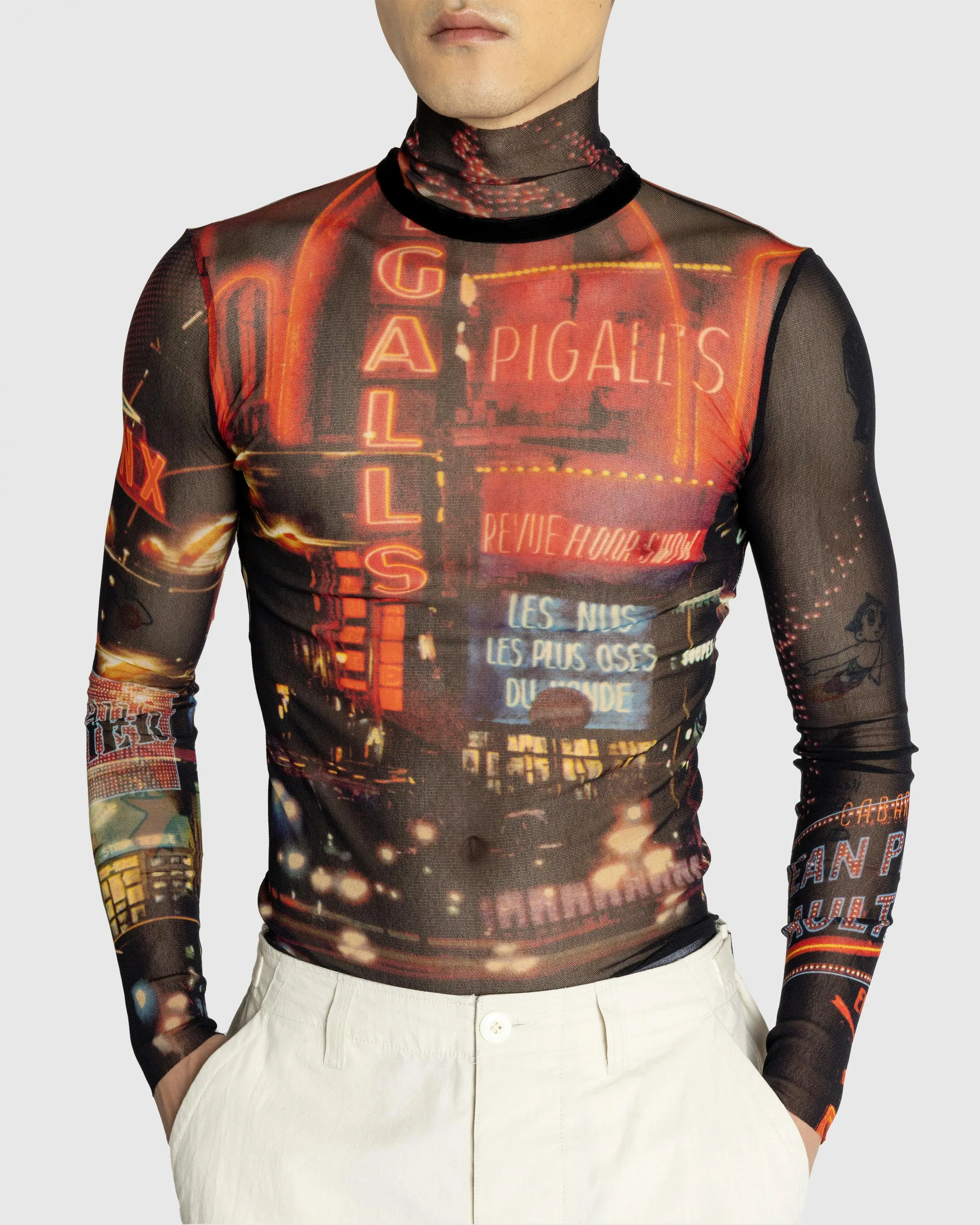 Jean Paul Gaultier – Mesh Long-Sleeve Top Printed "Pigalle" Black/Red/Orange/Blue | Highsnobiety Shop