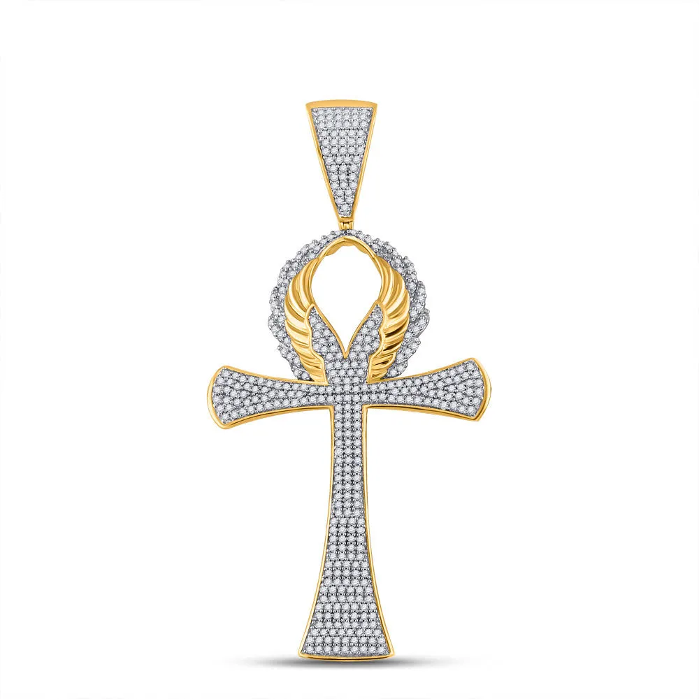 Keene Jewelers 10kt Yellow Gold Mens Round Diamond Ankh Cross Charm Pendant 7/8 Cttw