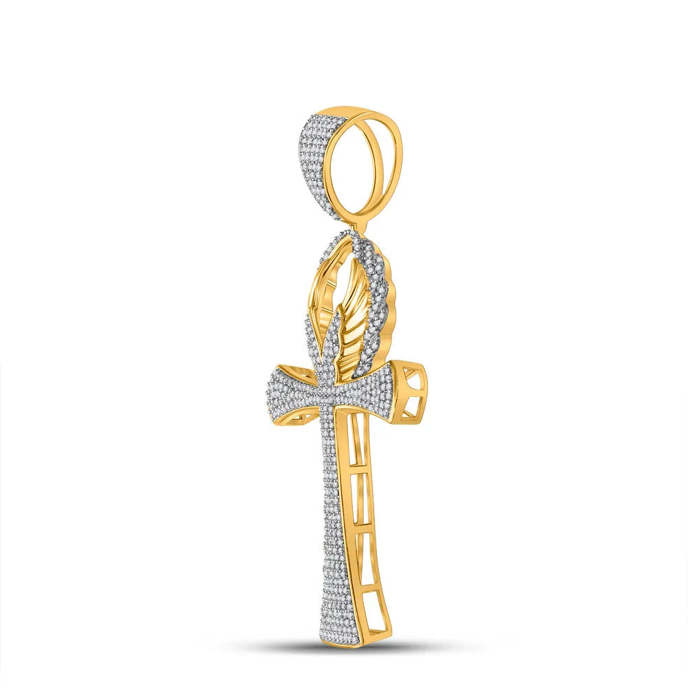 Keene Jewelers 10kt Yellow Gold Mens Round Diamond Ankh Cross Charm Pendant 7/8 Cttw