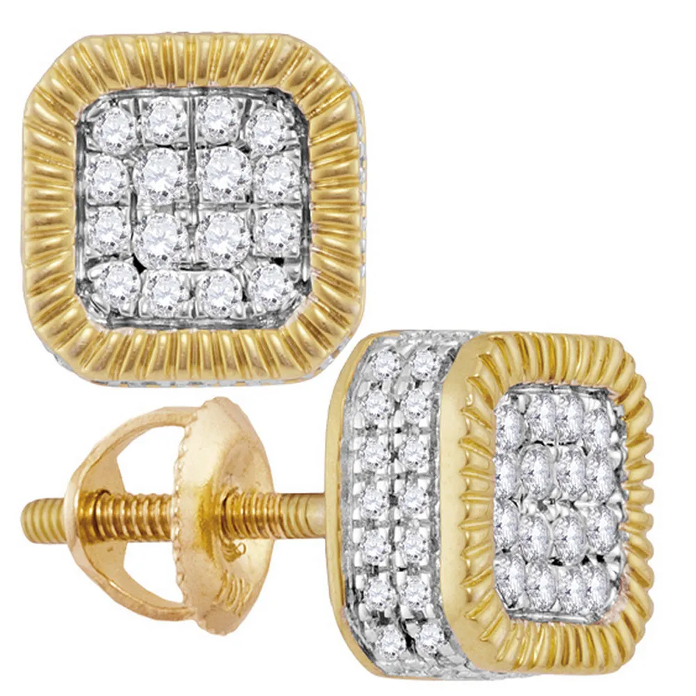 Keene Jewelers 10kt Yellow Gold Mens Round Diamond Fluted Square Cluster Stud Earrings 7/8 Cttw