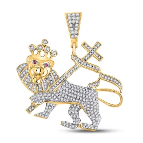 Keene Jewelers 10kt Yellow Gold Mens Round Diamond Lion Cross Banner Charm Pendant 7/8 Cttw