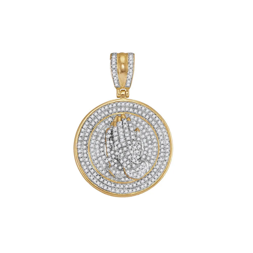 Keene Jewelers 10kt Yellow Gold Mens Round Diamond Praying Prayer Hands Medallion Charm Pendant 7/8 Cttw