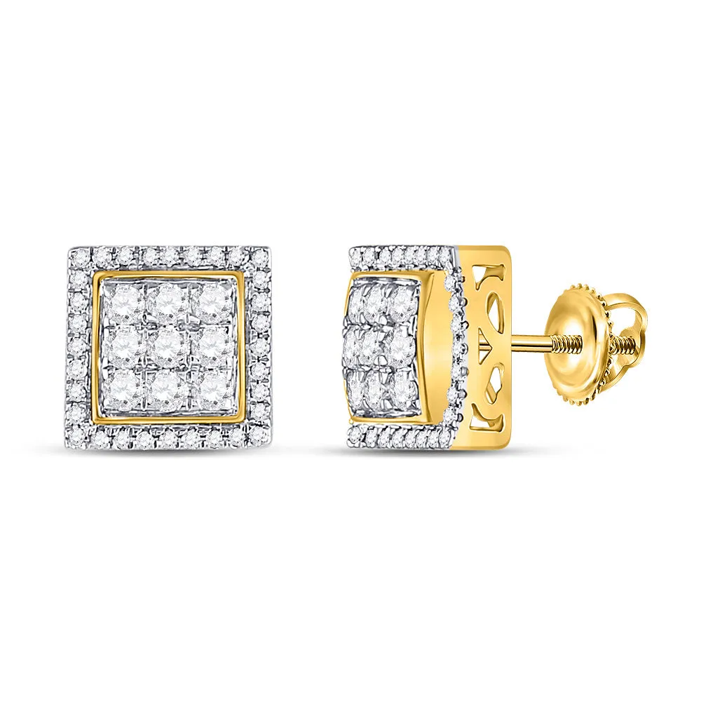 Keene Jewelers 14kt Yellow Gold Mens Round Diamond Square Cluster Earrings 7/8 Cttw