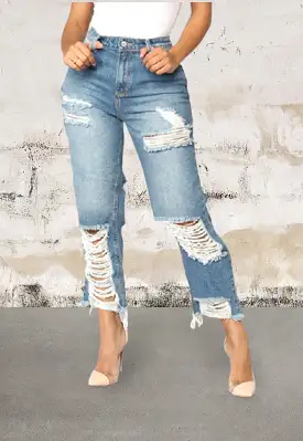 Light bule distressed stylish cut denim jeans