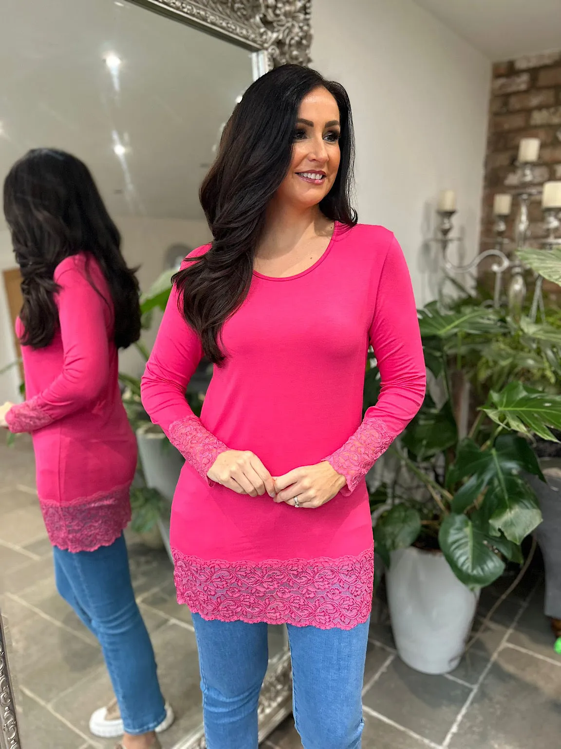 Lipstick Pink Lace Trim Round Neck Top Ruth