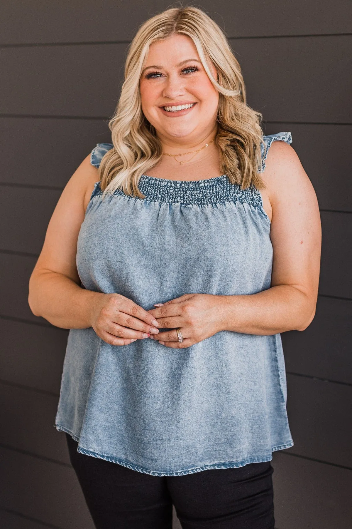 Loving Heart Smocked Tank Top- Light Denim