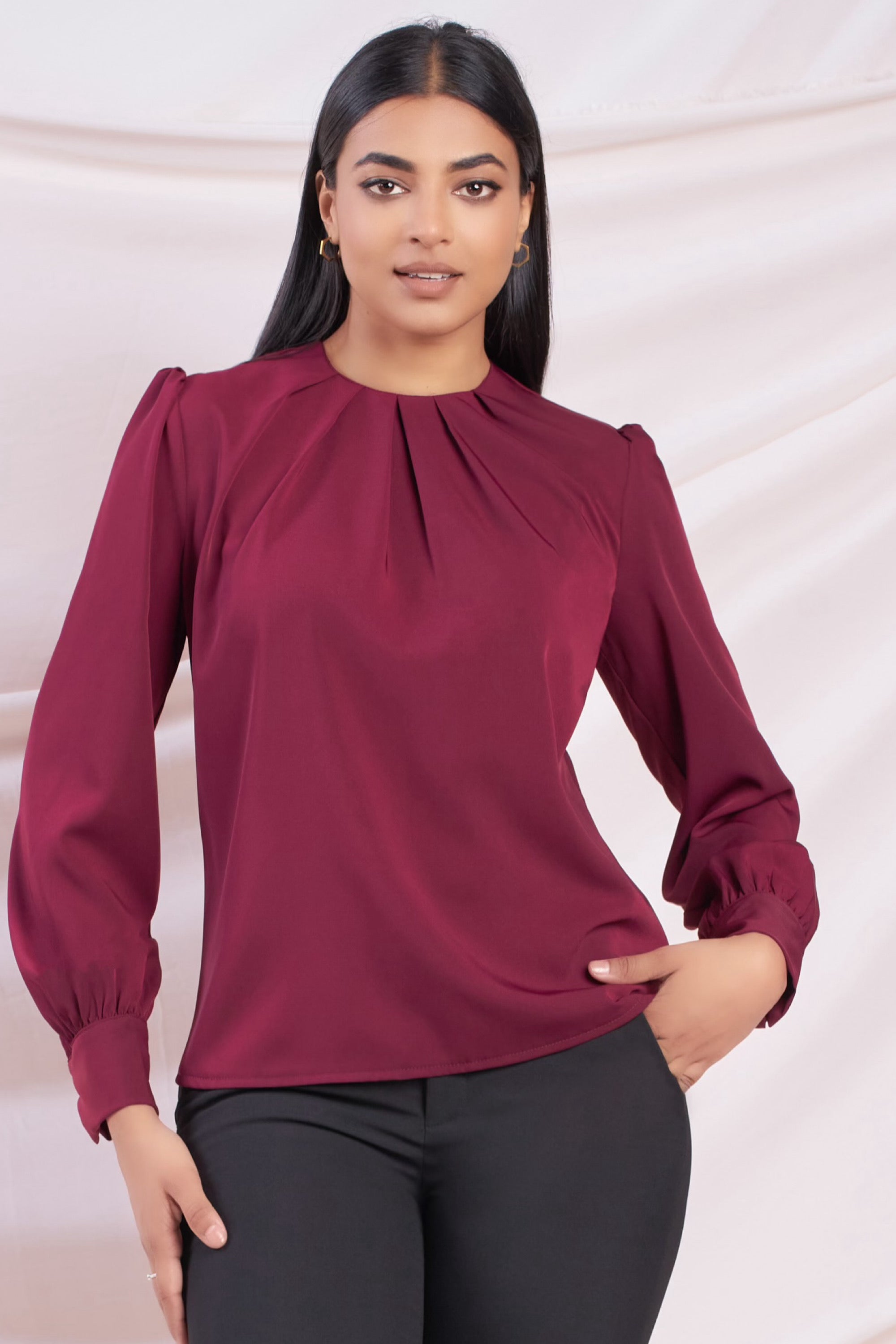 Maroon Pleat Detail Long Sleeve Top