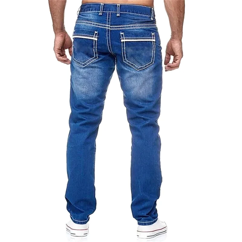 Men Jeans Solid Pockets Stretch Denim Straight Pants Spring Summer Business Casual Trousers Daily Streetwear Men's Clothing