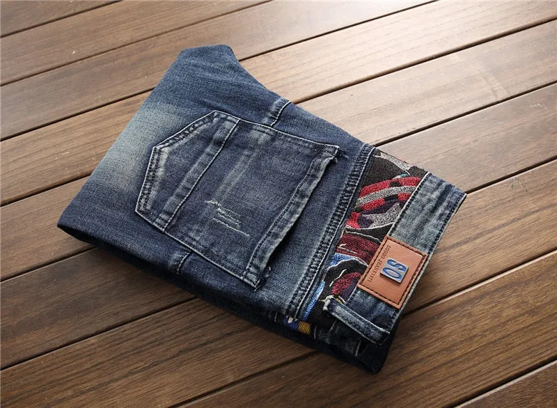 Men's Embroidery Badge Patchwork Slim Fit Washed-out Straight Leg Jeans