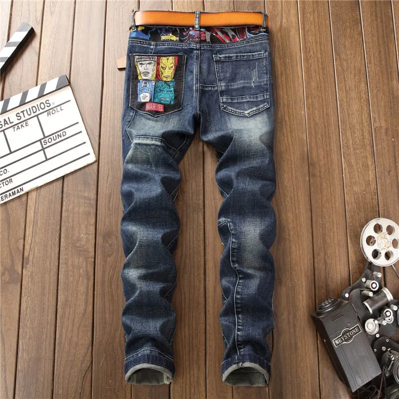 Men's Embroidery Badge Patchwork Slim Fit Washed-out Straight Leg Jeans