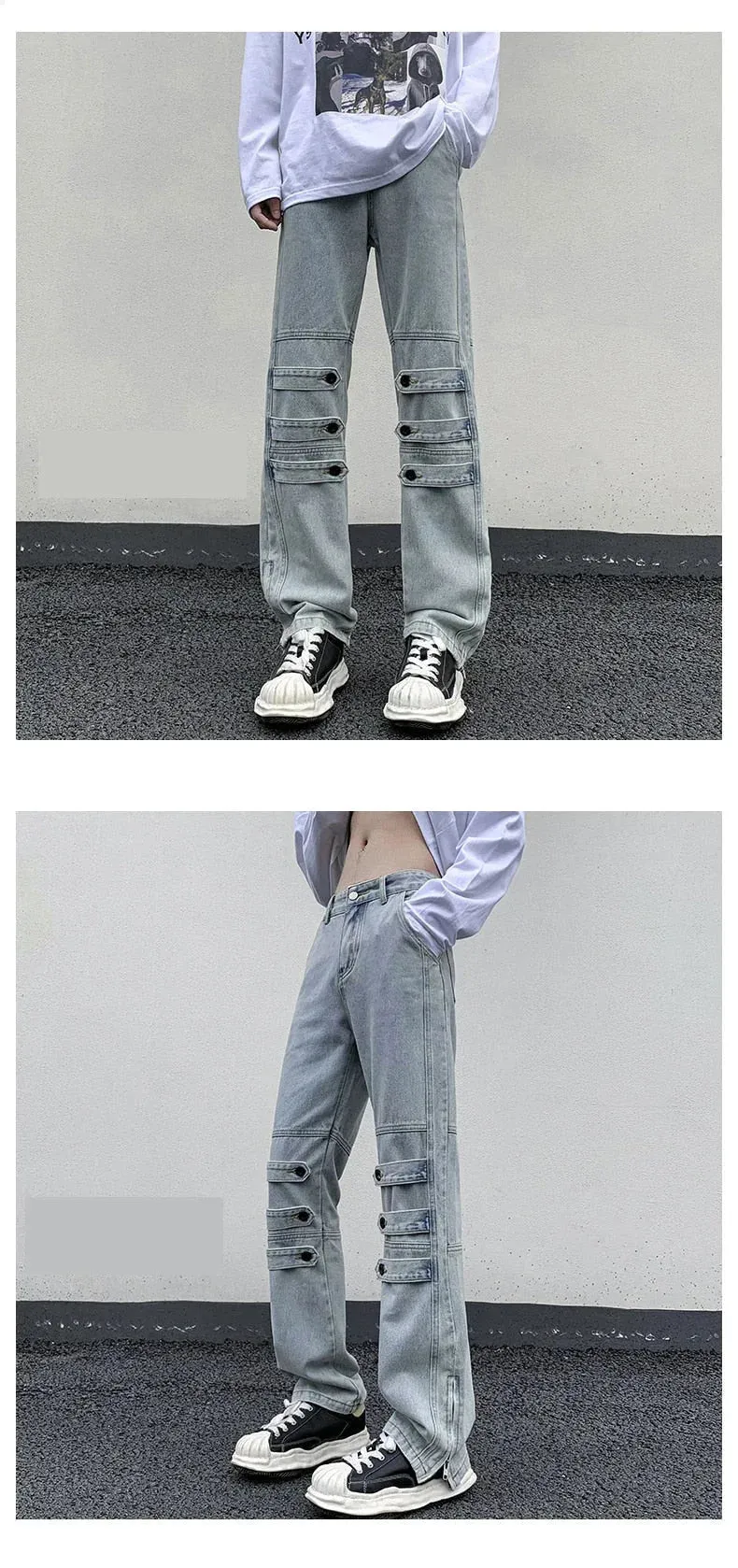 Men's Sense Of Knee Button Cylinder Broad Leg Opening Zipper Jeans Pants