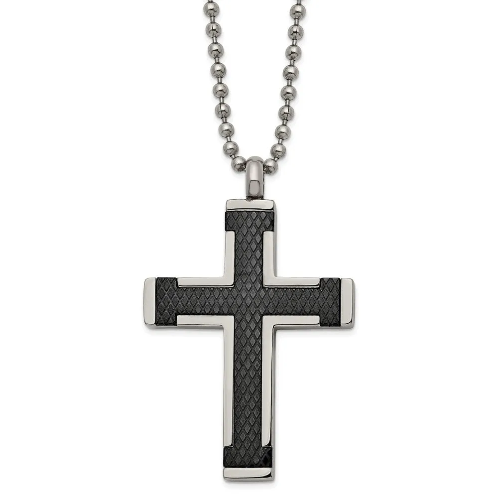 Men's Titanium & Stainless Steel Black Textured Cross Necklace, 22 In