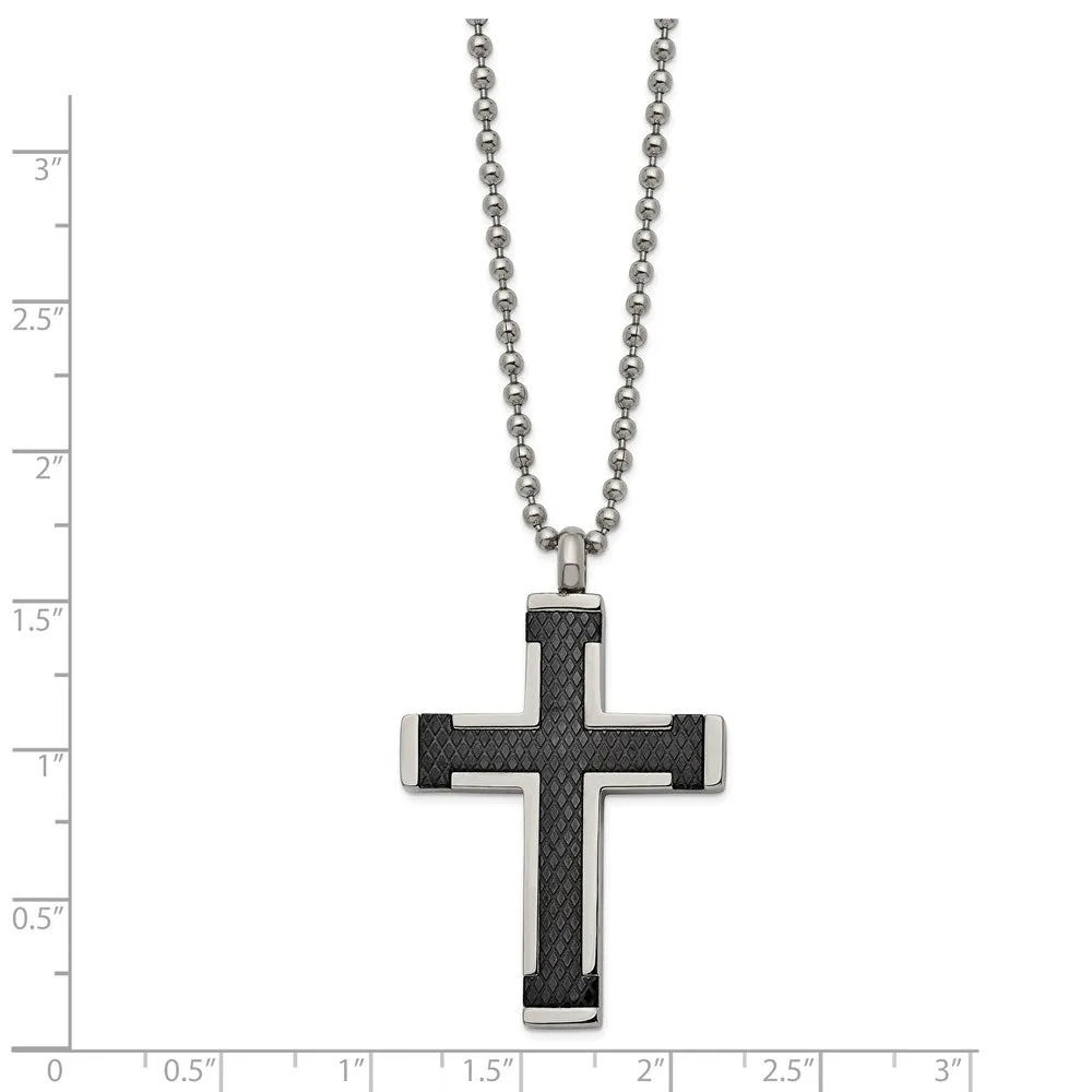 Men's Titanium & Stainless Steel Black Textured Cross Necklace, 22 In