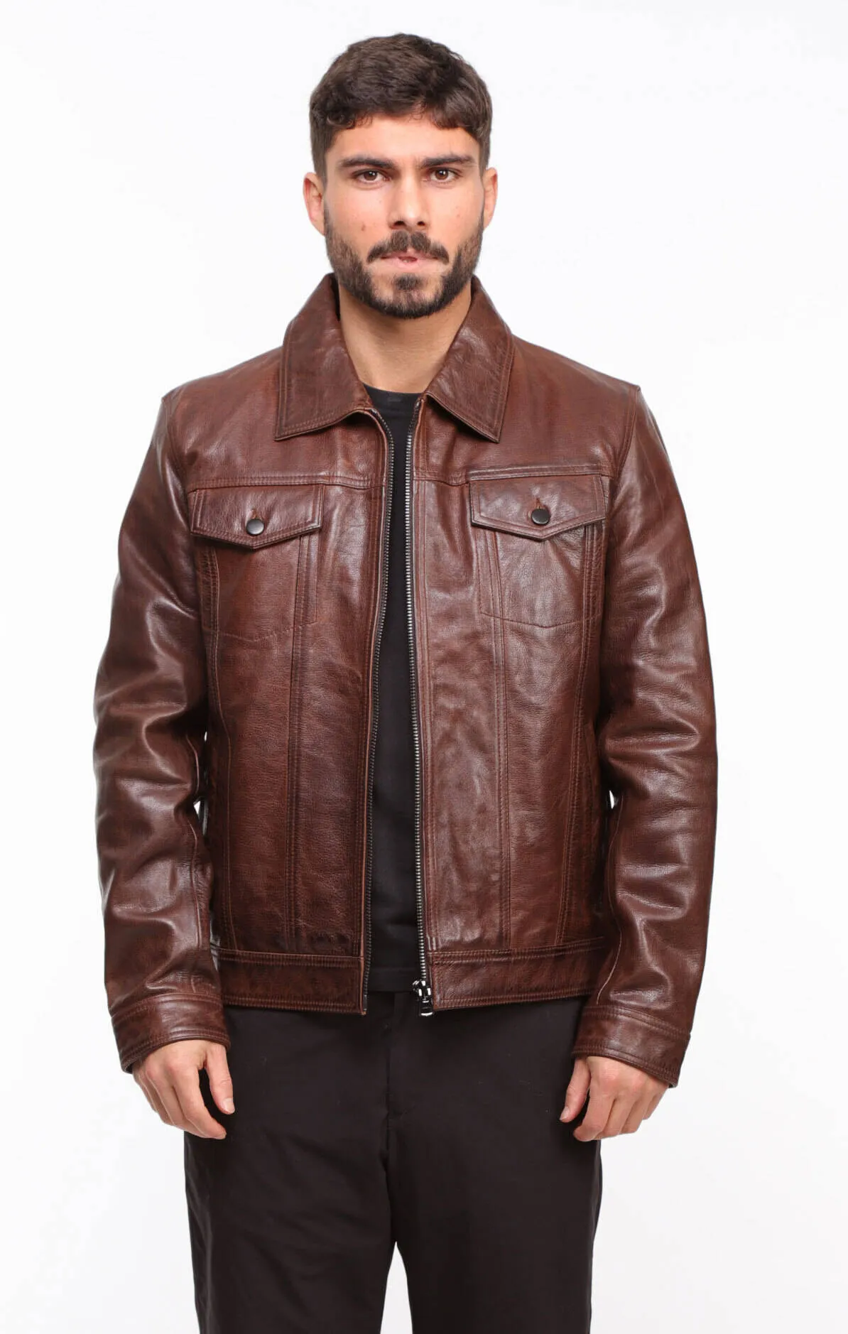 Men's wood leather jacket in \david\ jeans style